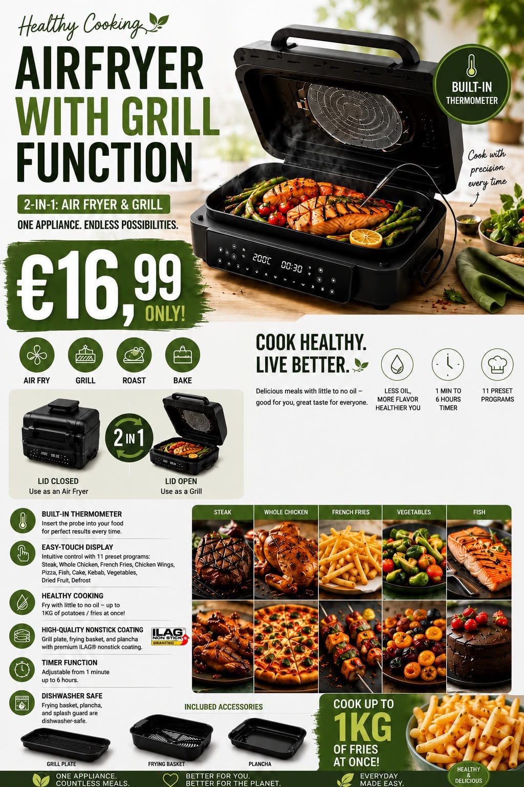 Healthy Cooking Air Fryer with Grill Function 2-in-1