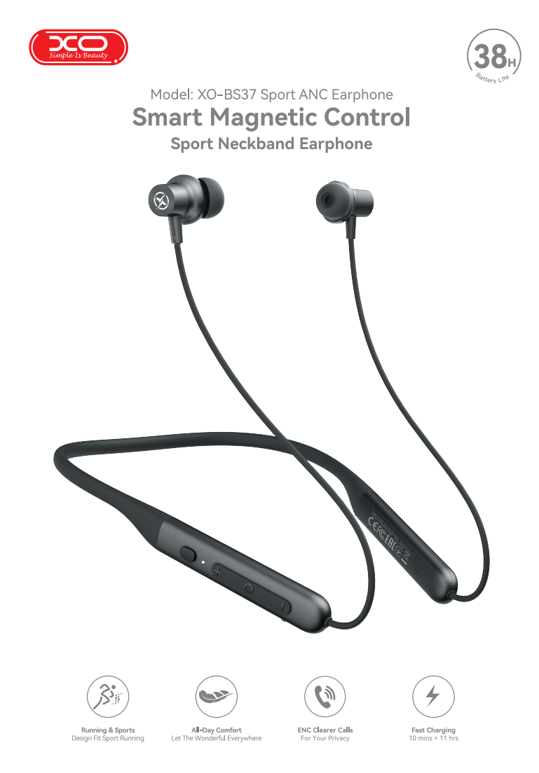 BS37 Comfort Sport ANC/ENC Neckband Headphones (Magnetic On/Off Switch, Long Battery Life, Premium Metal Finish, IPX5) Black