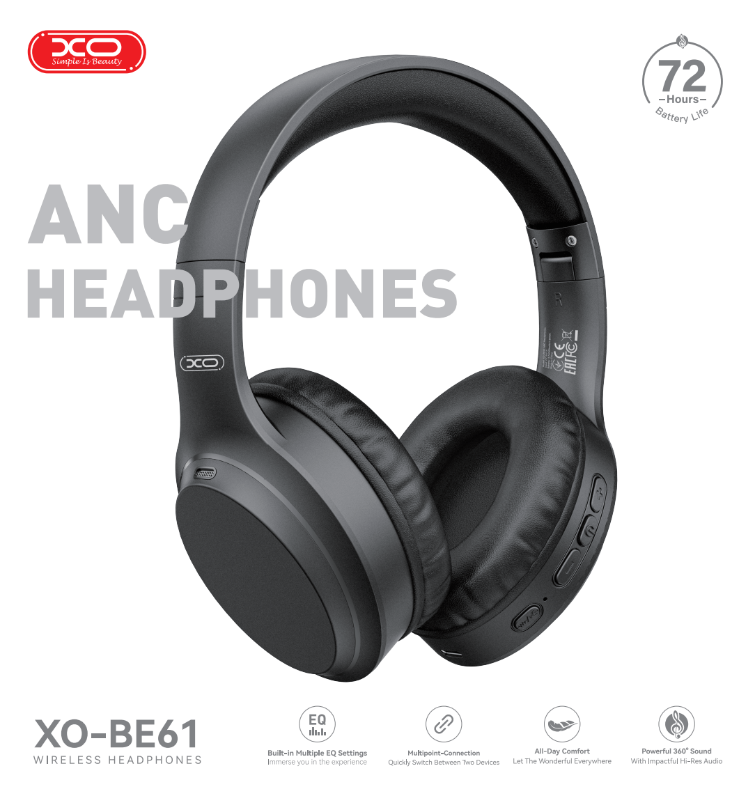 BE61 Foldable Over-Ear Noise-Canceling Headphones (FF ANC, Foldable) Black