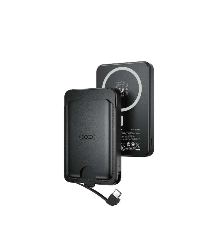 PR292 Multi-Function Magnetic Wireless Charging Power Bank with Built-in Type-C Cable/Apple Anti-Lost Device/Card Holder Stand 5000mAh Black